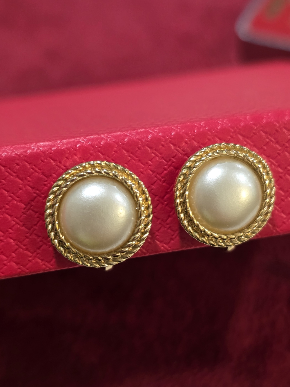 Trifari Vintage Gold Rope-Trim Faux Pearl Button Earrings